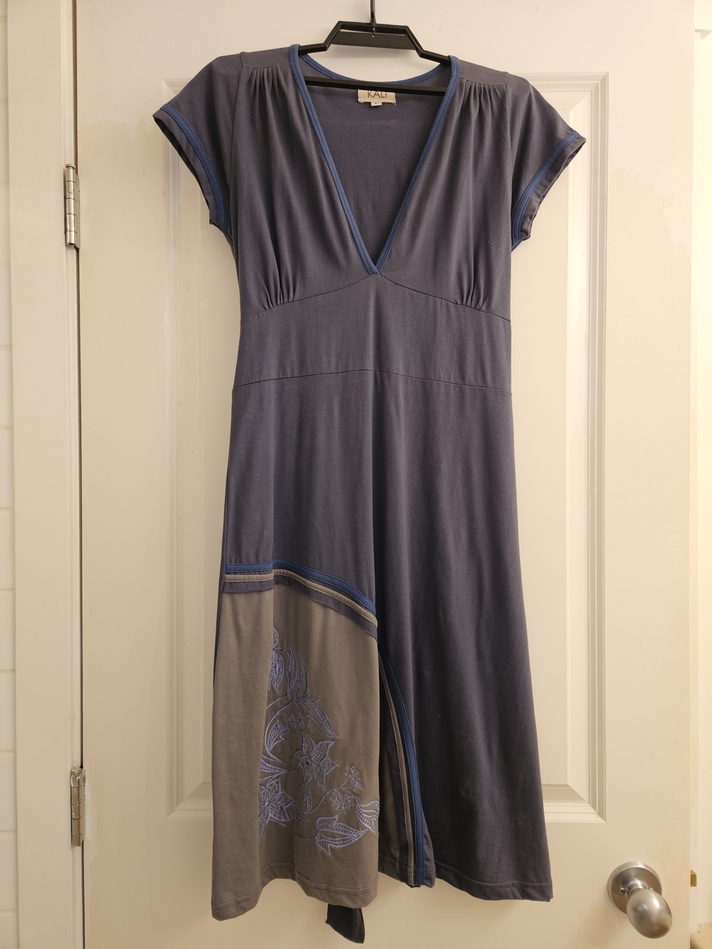 Slate Blue V-Neck Midi Dress with Gray Floral Panel